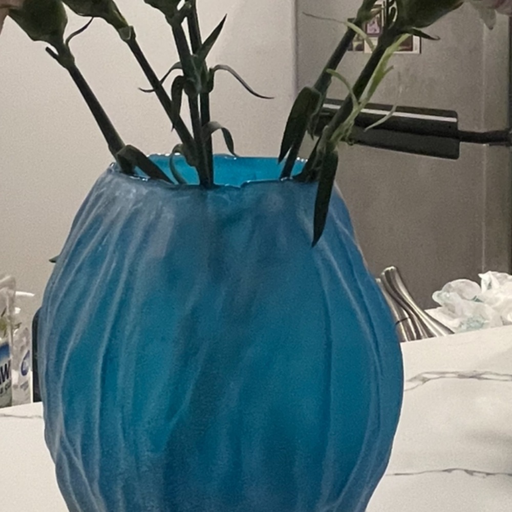 Blue Ribbed Art Glass Flower Vase Textured Organic Modern Home Decor